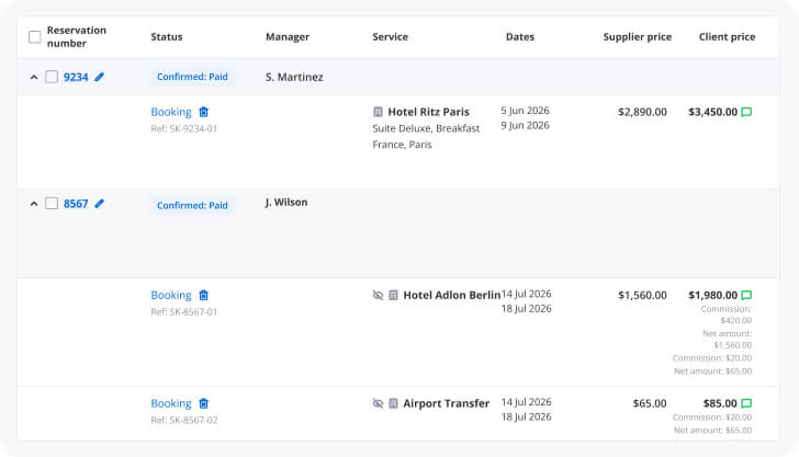 Reservation list showing two bookings: 9234 confirmed/paid by S. Martinez for Hotel Ritz Paris (Suite Deluxe, Breakfast), 5–9 Jun 2026; client price $3,450.00. Booking details include Dates and prices. Also 8567 for J. Wilson with Hotel Adlon Berlin (14–18 Jul 2026) and an Airport Transfer (14–18 Jul 2026), client price $85.00.