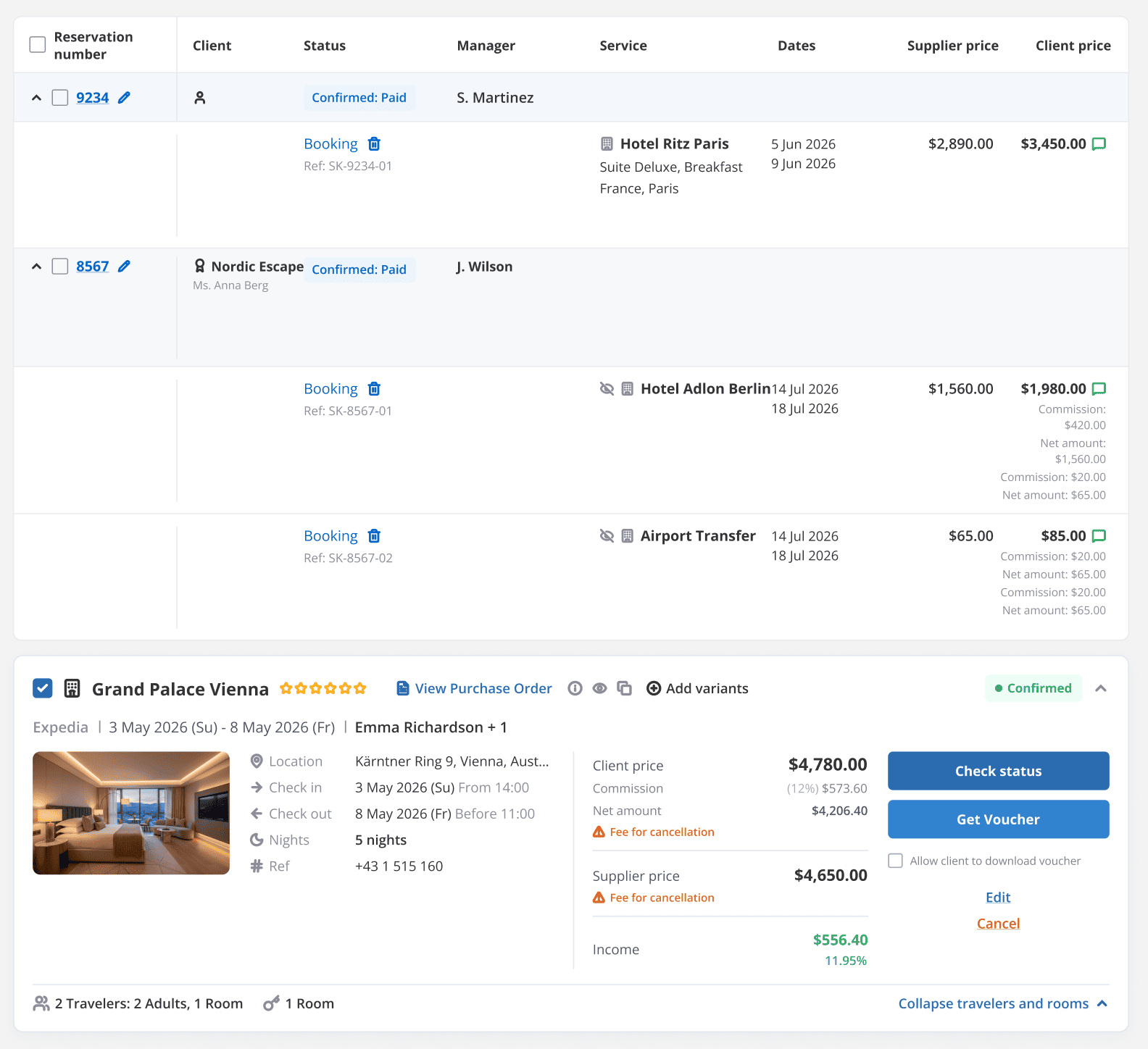 Reservation list shows two bookings: #9234 and #8567, with statuses Confirmed: Paid and Assigned managers S. Martinez and J. Wilson, plus hotel and price details.