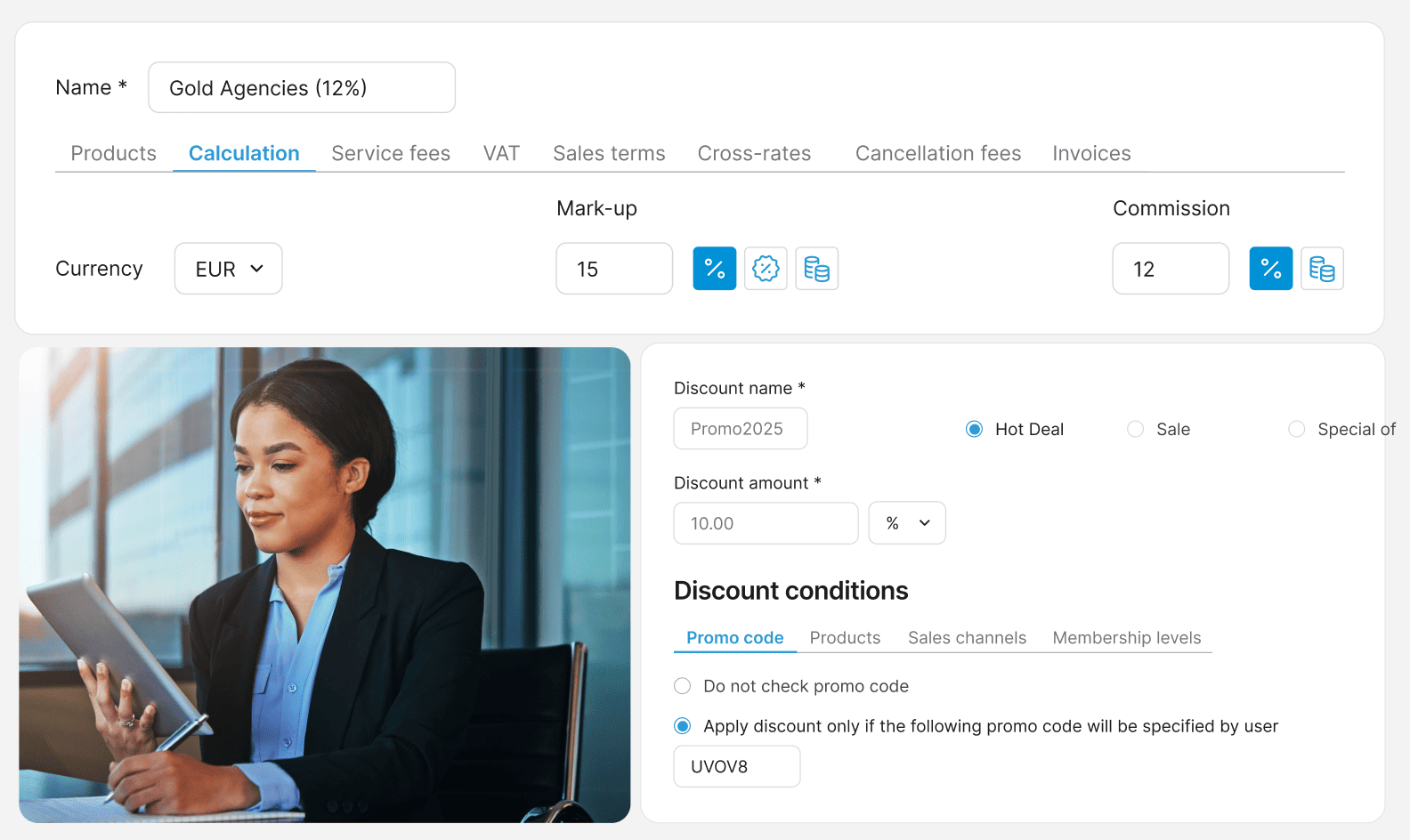 UI for managing discounts and calculations; left side shows a businesswoman reading a tablet in an office setting.