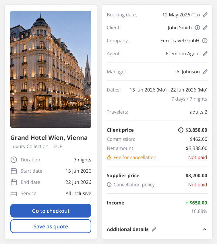Photo of Grand Hotel Wien in Vienna with a right-side booking summary showing travel dates, client, and charges for the stay.