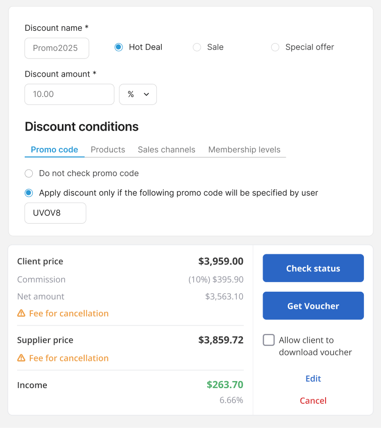 UI form for configuring a discount: hot deal selected with promo code UVOV8 and 10% discount field, terms tabs and action buttons to check status or get voucher, plus client and supplier price panels on the right.