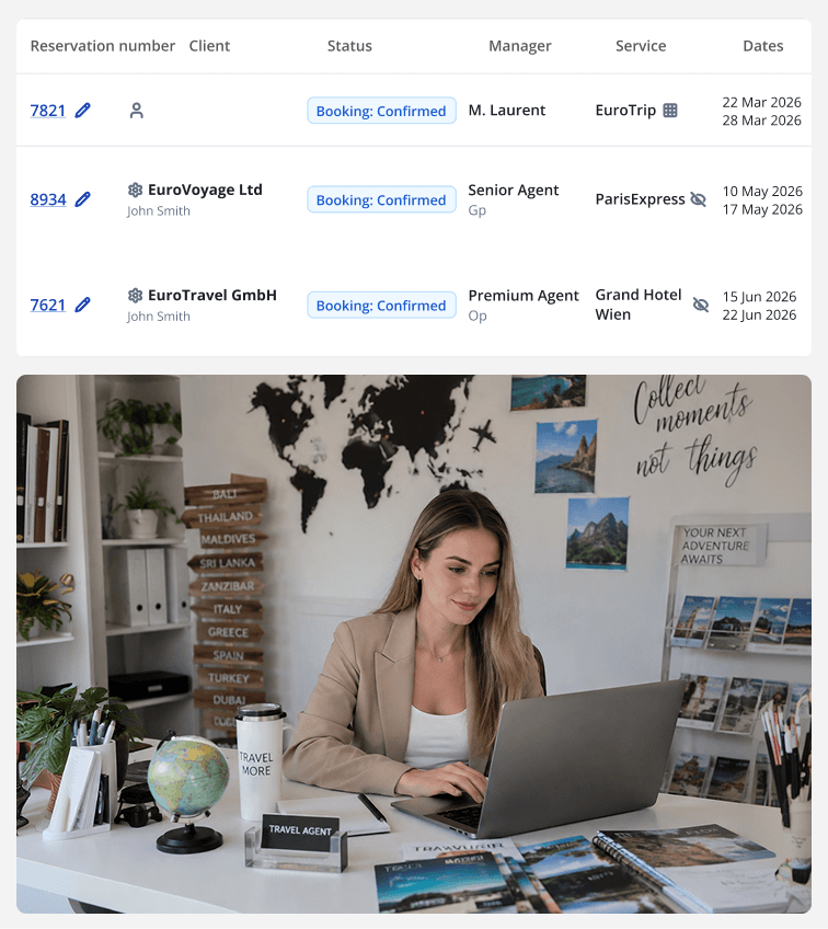 Travel agent at a desk with laptop, brochures, and a world map wall in a bright office.