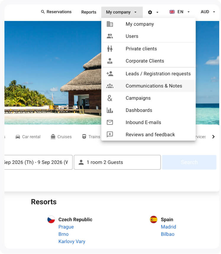 Open 'My company' dropdown over a tropical-resort booking page, listing items like Users, Private clients, Corporate Clients, Leads/Registration requests, Communications & Notes, Campaigns, Dashboards, Inbound E-mails, Reviews and feedback.