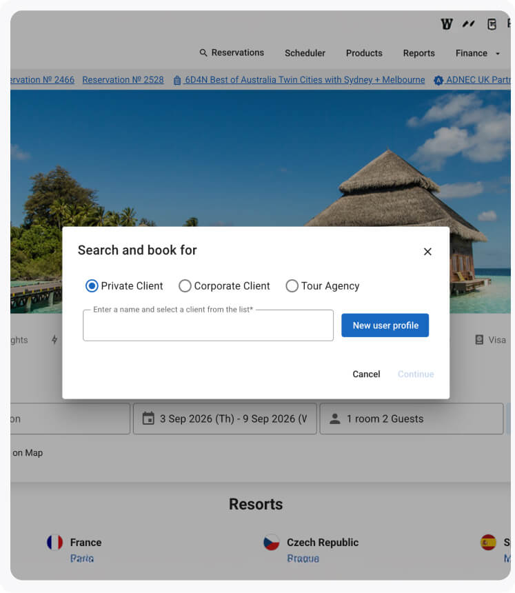 Popup booking dialog on a resort page to choose client type (Private, Corporate, or Tour Agency) and enter a name before proceeding.