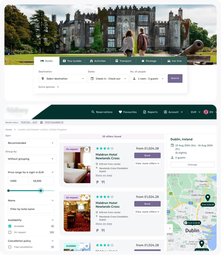 Hotel booking page with a castle background, showing a search form, hotel listings and a map panel on the right.