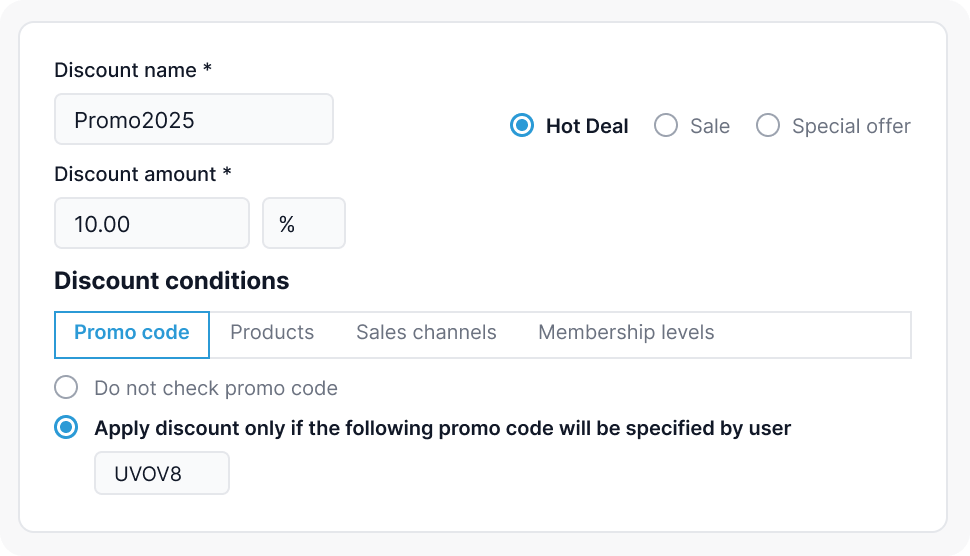 Discount creation form with name Promo2025, 10% off, Hot Deal selected, and promo code rule UVOV8.