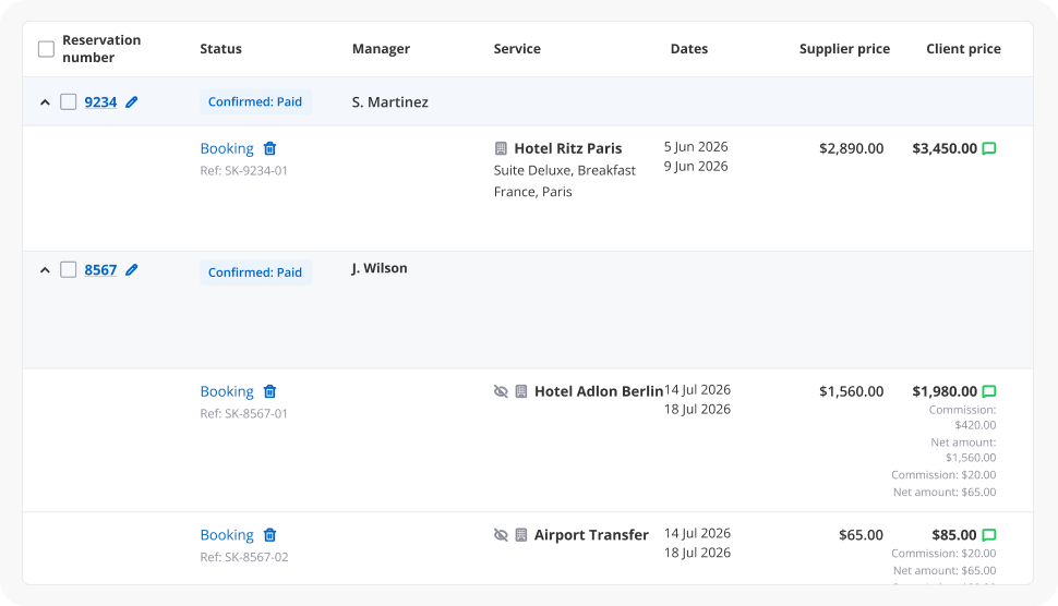 Reservation dashboard with two bookings (numbers 9234 and 8567), both status 'Confirmed: Paid', listing hotel, dates, and prices.