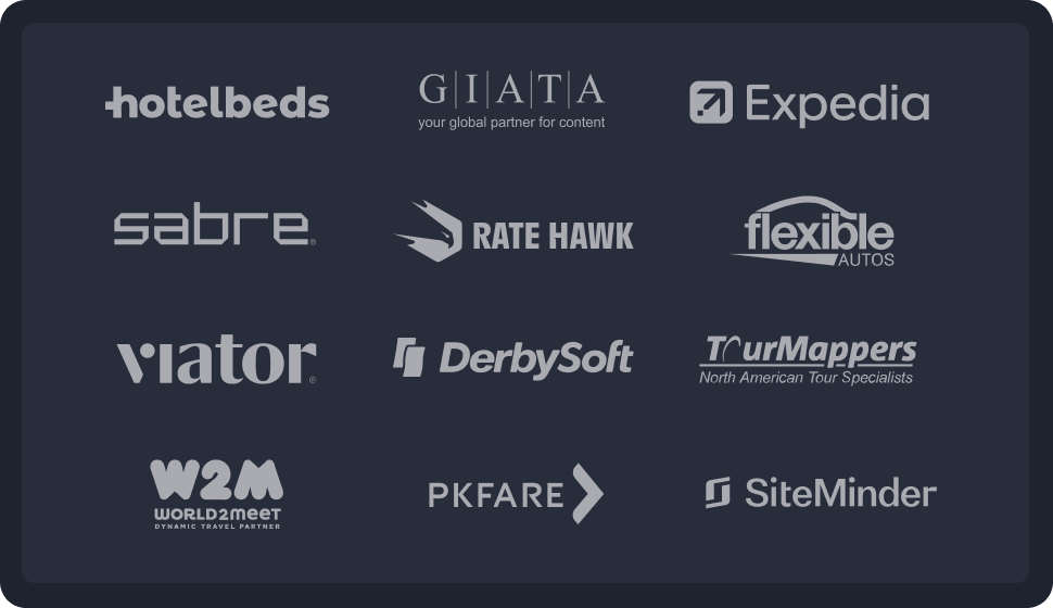 Collage of travel and booking logos on a dark panel: hotelbeds, GIATA, Expedia, Sabre, Rate Hawk, Flexible Autos, Viator, DerbySoft, TurMappers, World2meet, PKFARE, SiteMinder