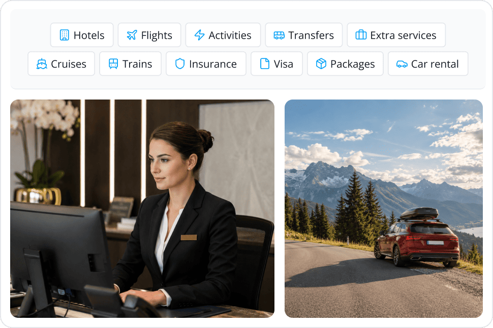 Travel booking page with category buttons above; left image shows a hotel receptionist at a desk, right image shows a red SUV on a mountain road.