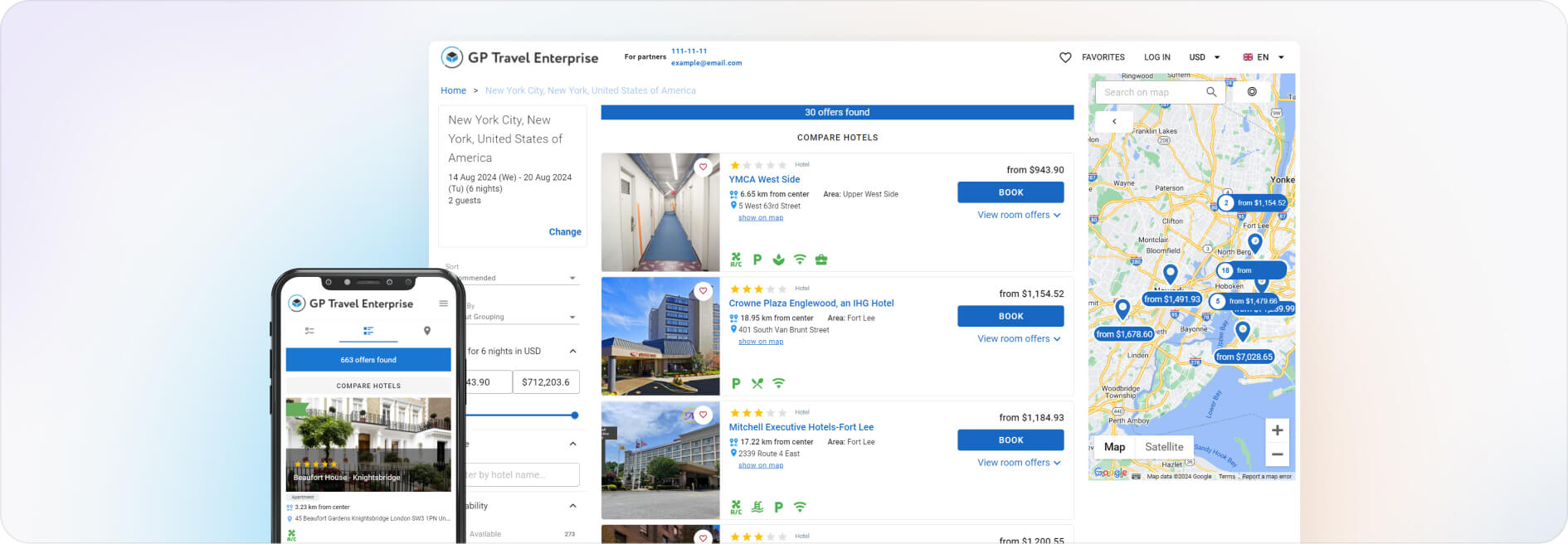 GP Travel Enterprise‑Oberfläche, die Hotelsuchergebnisse auf dem Desktop zeigt – mit einer Karte auf der rechten Seite – sowie einer mobilen Ansicht im Vordergrund.