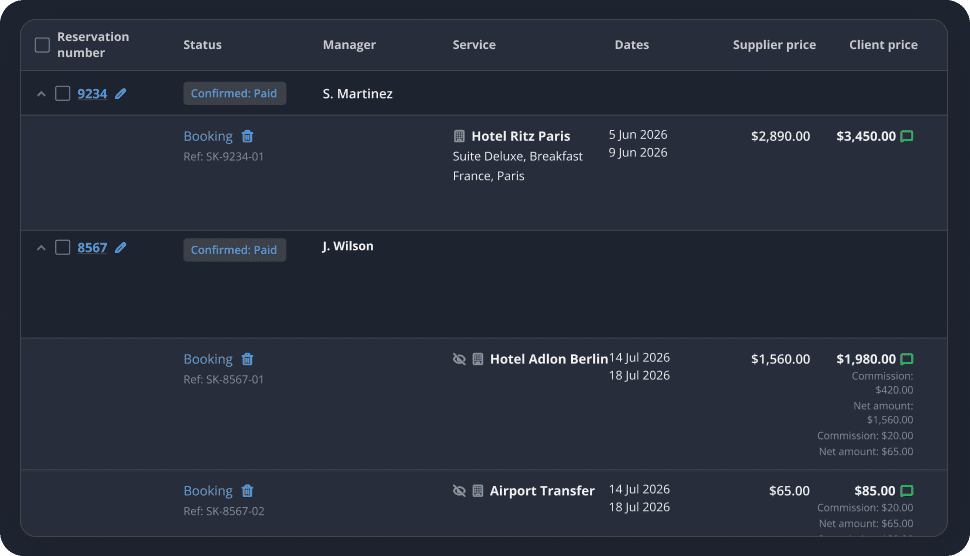 Dark reservations dashboard listing multiple bookings with status and prices.
