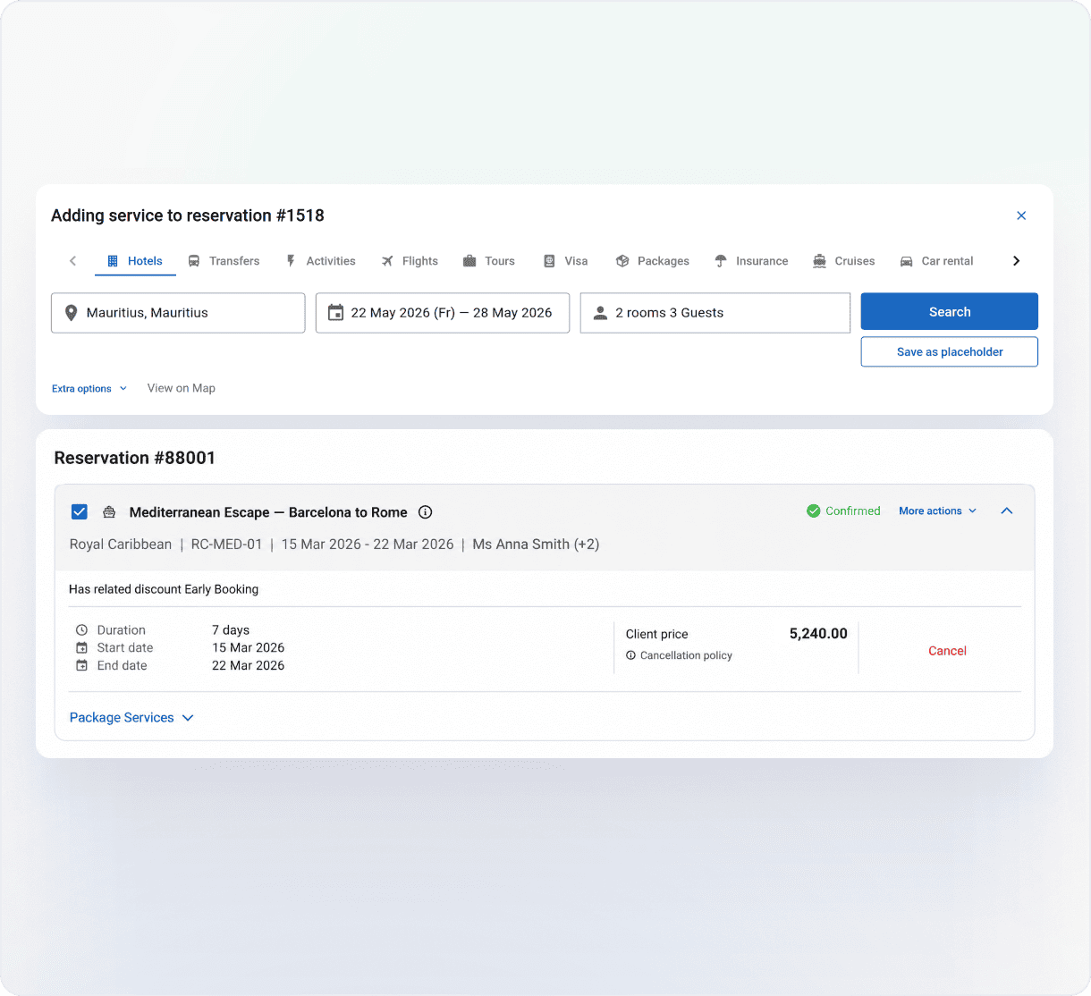Web UI for adding a service to reservation #1518, showing hotel search inputs, dates, guests, and a confirmation section.