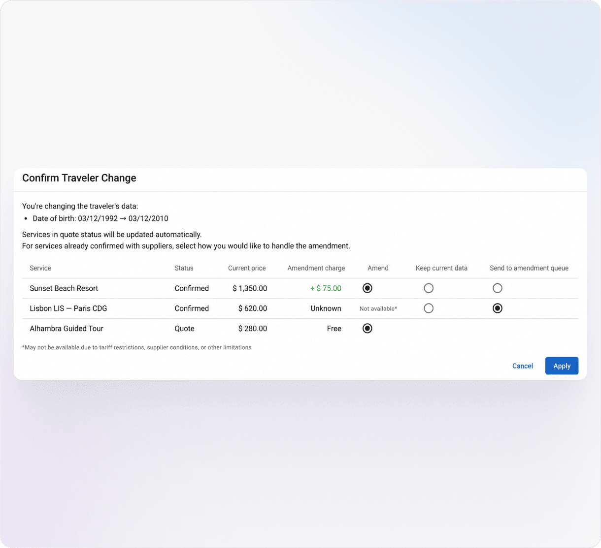 Modal titled 'Confirm Traveler Change' with a table of three services, showing status, price, amendment, and options, plus Cancel and Apply buttons.