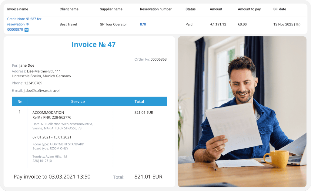 Invoice 47 page with customer details and line items on the left; a smiling man reads documents at a desk on the right.
