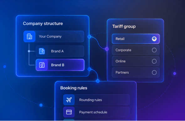 Glowing blue infographic showing a 'Company structure' panel with Your Company, Brand A, Brand B, linked to a 'Tariff group' panel and a 'Booking rules' panel.