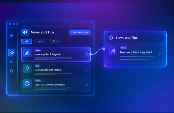 Futuristic blue UI mockup with a left navigation pane and a main panel labeled 'News and Tips' showing three tip cards; a glowing secondary panel to the right is connected by a curved line, displaying 'New supplier integrated'.