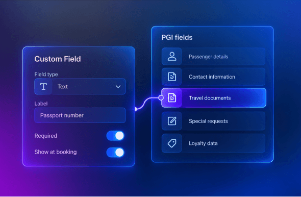 Two glowing UI panels: left panel labeled Custom Field with Field type Text, Label Passport number, and toggle switches for Required and Show at booking; right panel titled PGI fields listing passenger details, contact information, travel documents (highlighted), special requests, and loyalty data with icons.