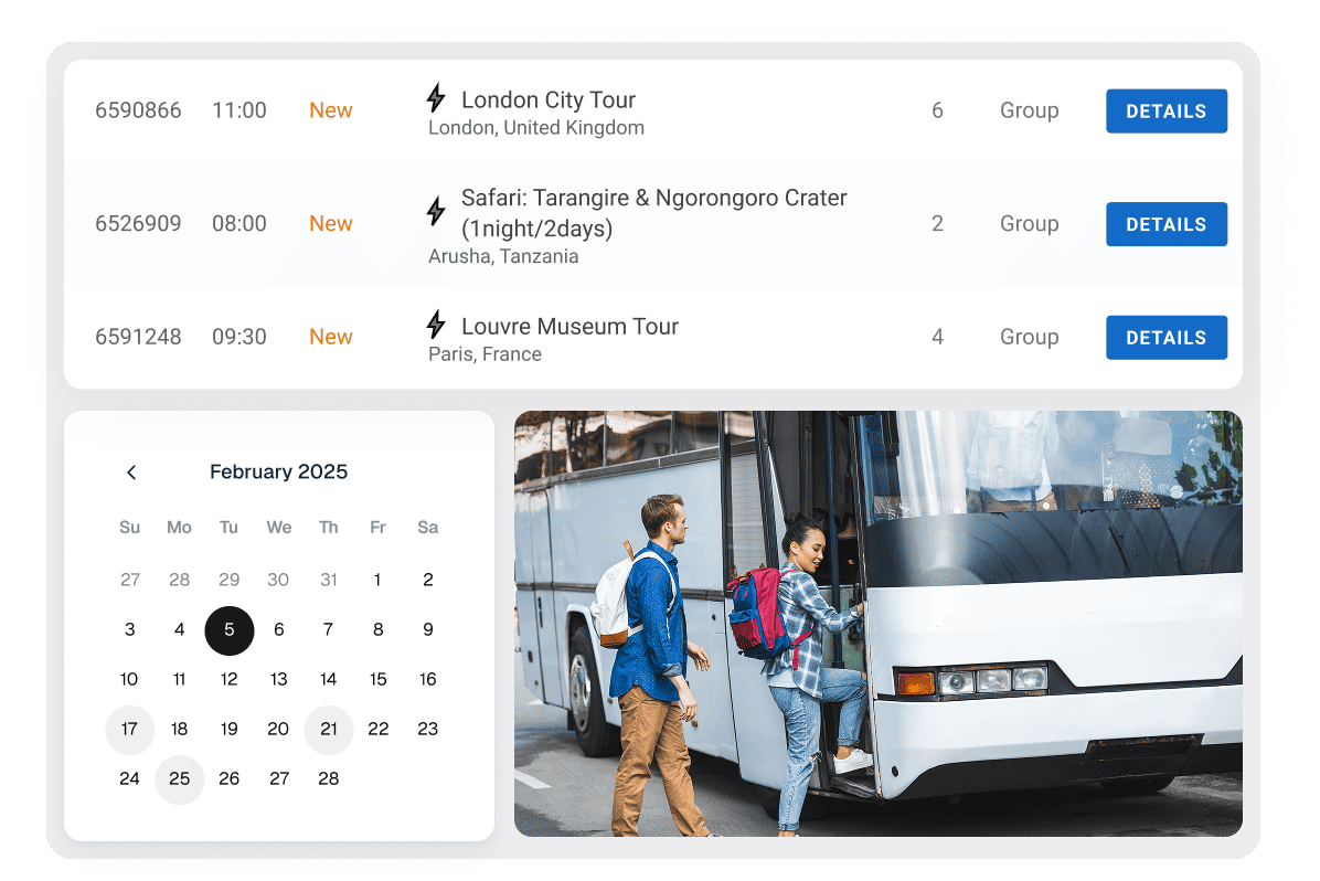 Travel booking dashboard listing three new tours with times and locations, plus a calendar and a bus boarding photo on the right.